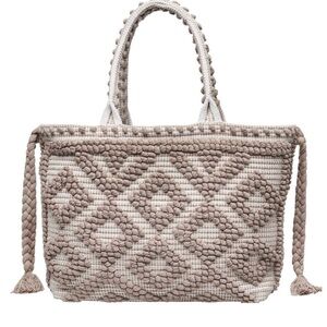 Braided Diamond Pattern Tote Bag in Taupe and Cream